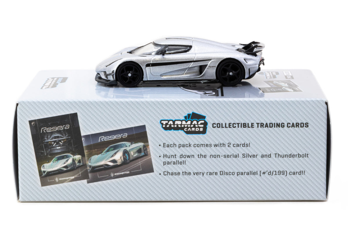 Koenigsegg Regera + Trading Cards (Silver Metallic / Blue Accents)