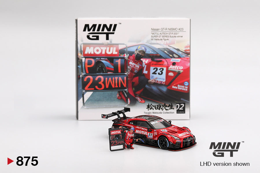 #875 - Nissan GT-R NISMO #23 "MOTUL AUTECH GT-R 2021" SUPER GT SERIES Suzuka winner W/ Matsuda Figure Tsugio Matsuda Collection No.2