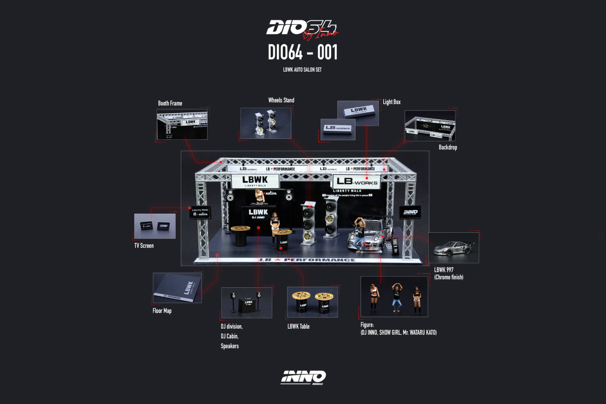 Liberty Walk Auto Salon Diorama, including LBWK Chrome and 3 figures