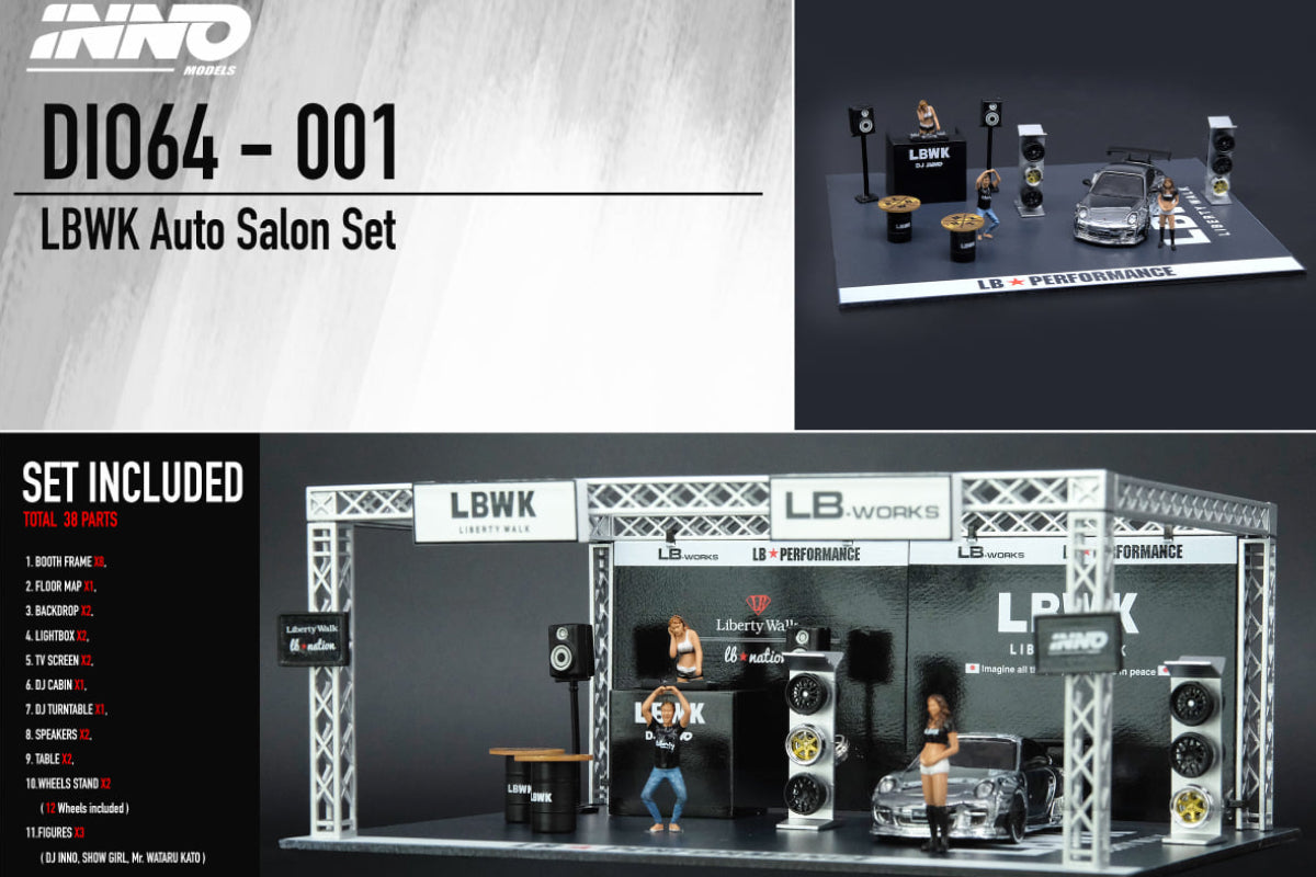 Liberty Walk Auto Salon Diorama, including LBWK Chrome and 3 figures