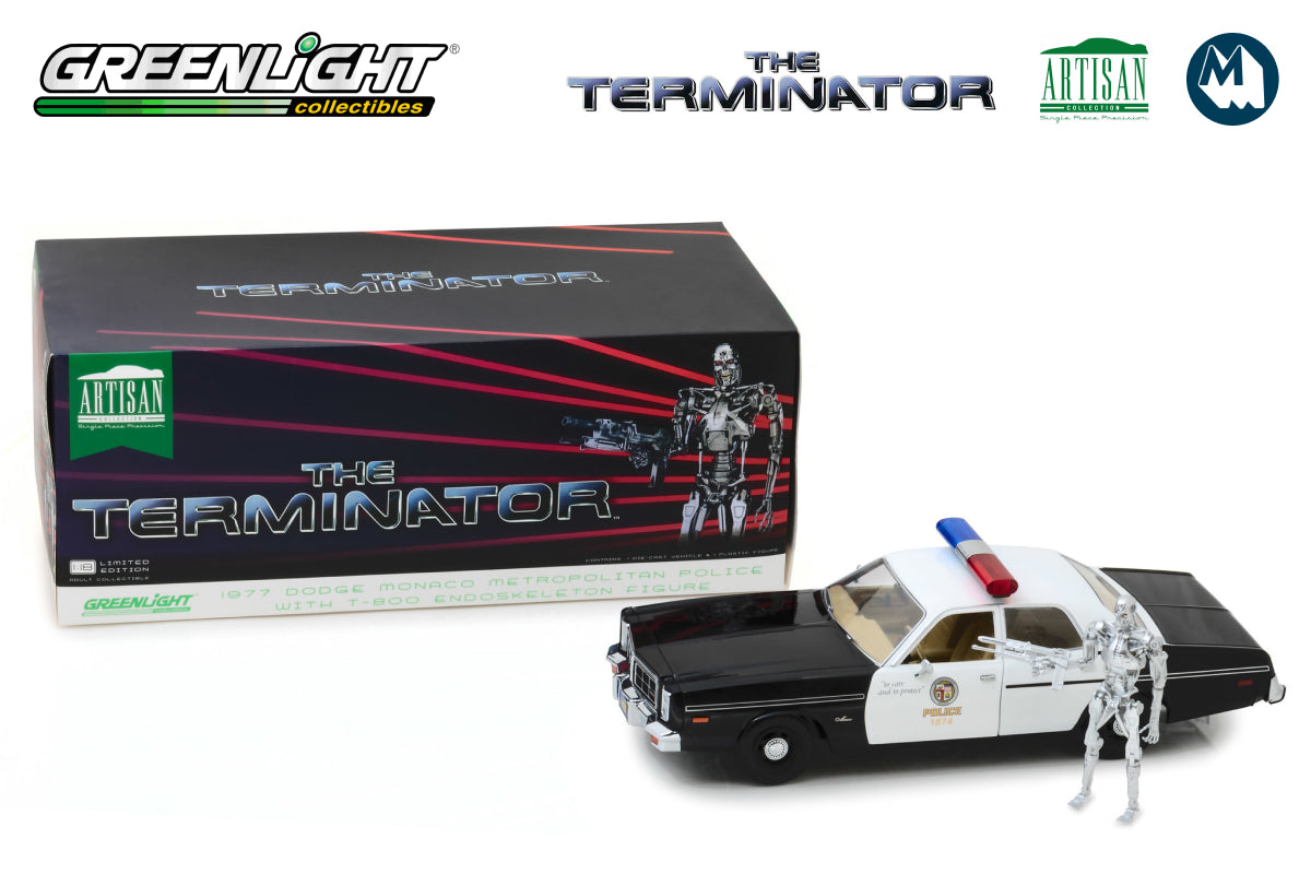 1:18 - The Terminator / 1977 Dodge Monaco Metropolitan Police with T-800 Endoskeleton Figure