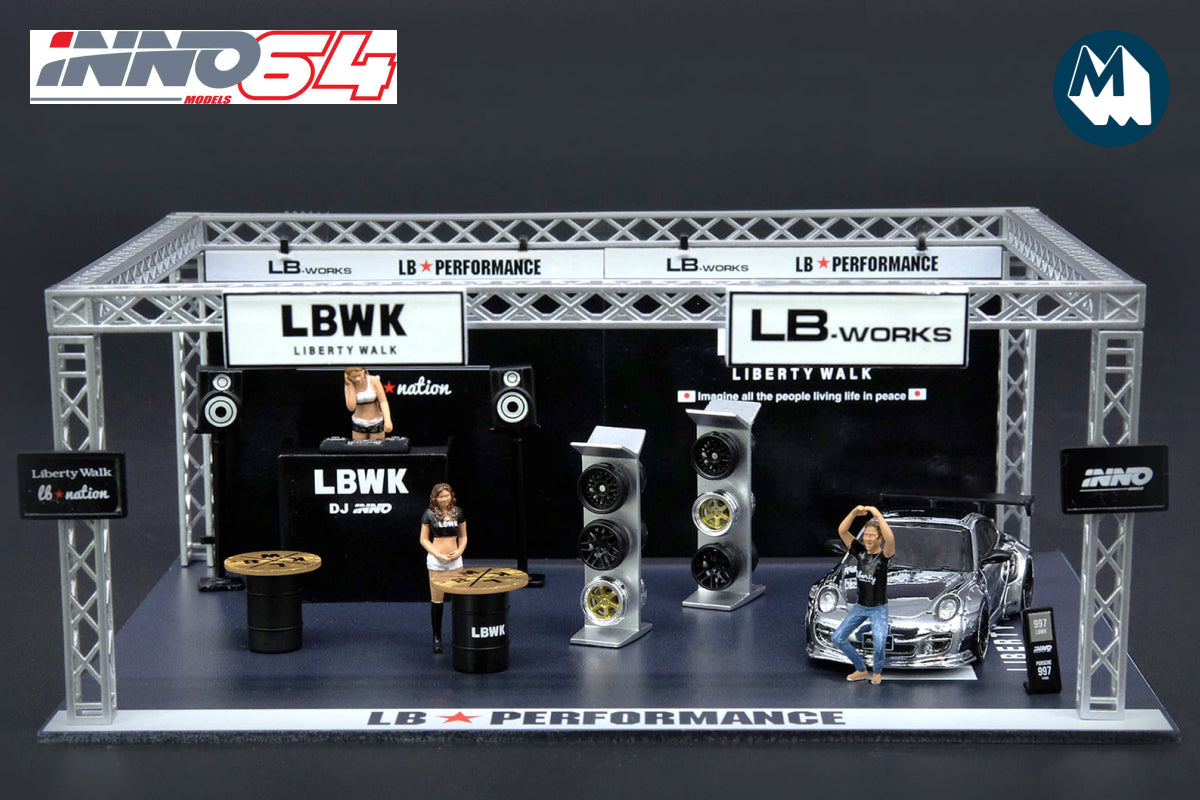 Liberty Walk Auto Salon Diorama, including LBWK Chrome and 3 figures