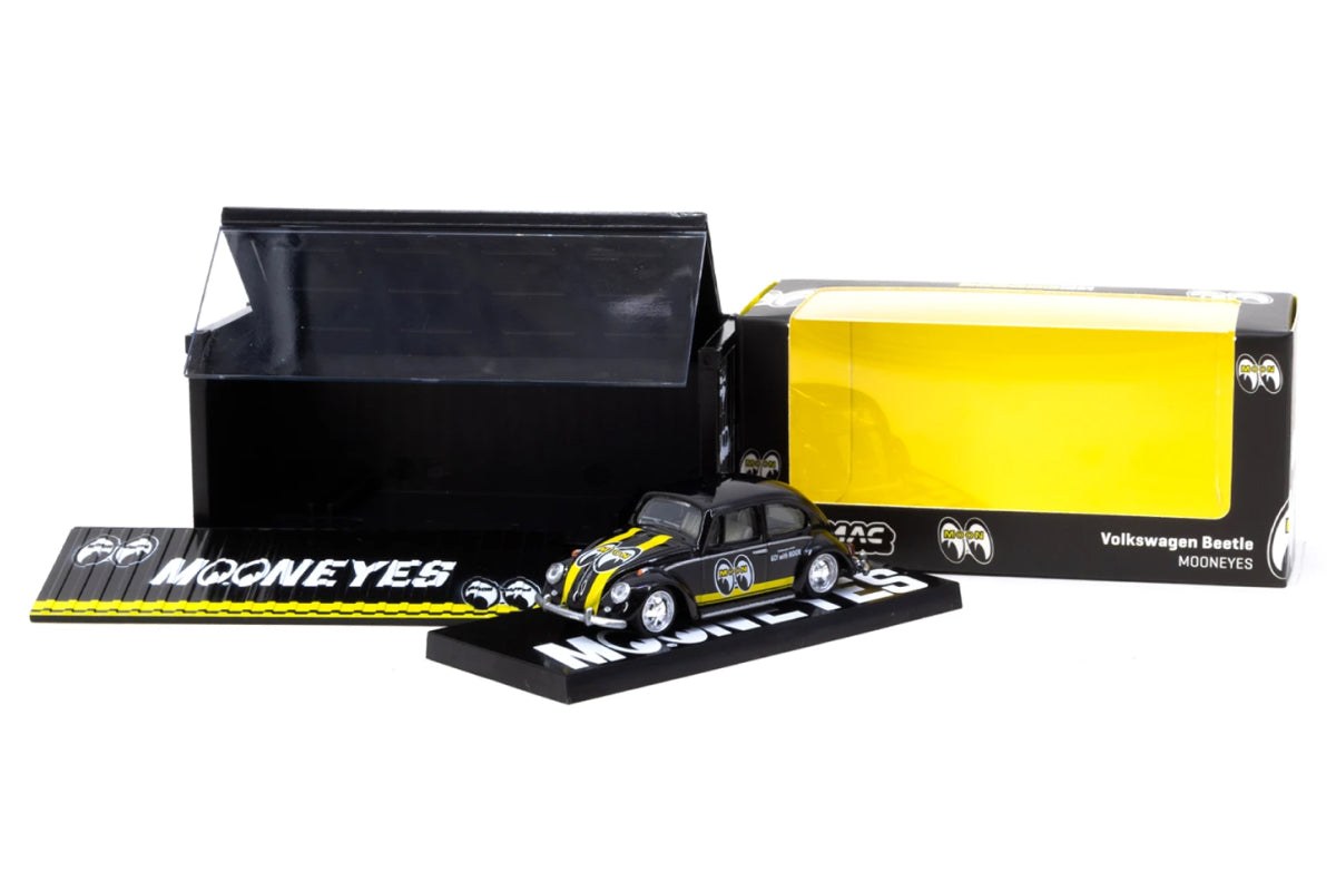 Volkswagen Beetle Mooneyes Black with Yellow Stripes with Container
