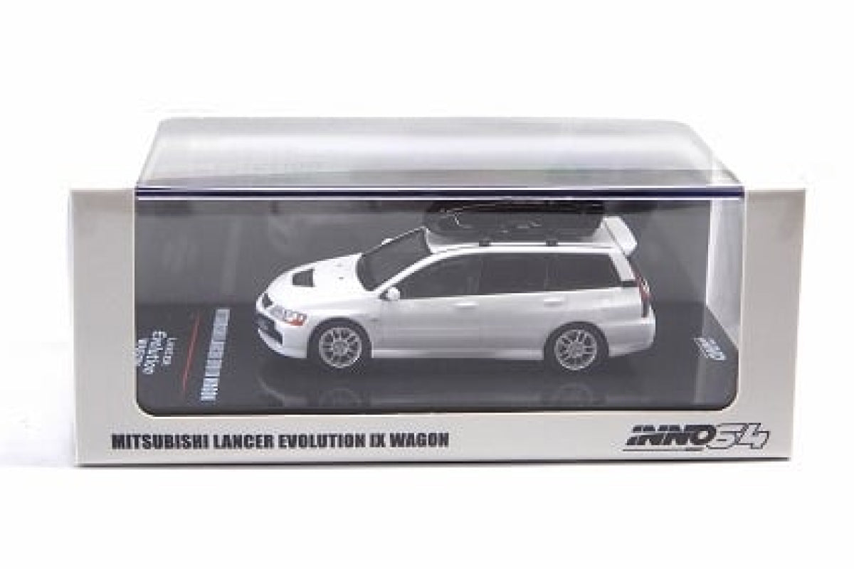 Mitsubishi Lancer Evolution IX Wagon with Roof Cargo Box and Extra Wheels (White Pearl)