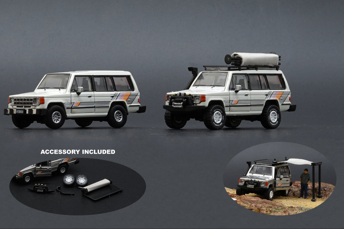 Mitsubishi 1st Gen Pajero 1983 with accessories and decals (White with stripe)