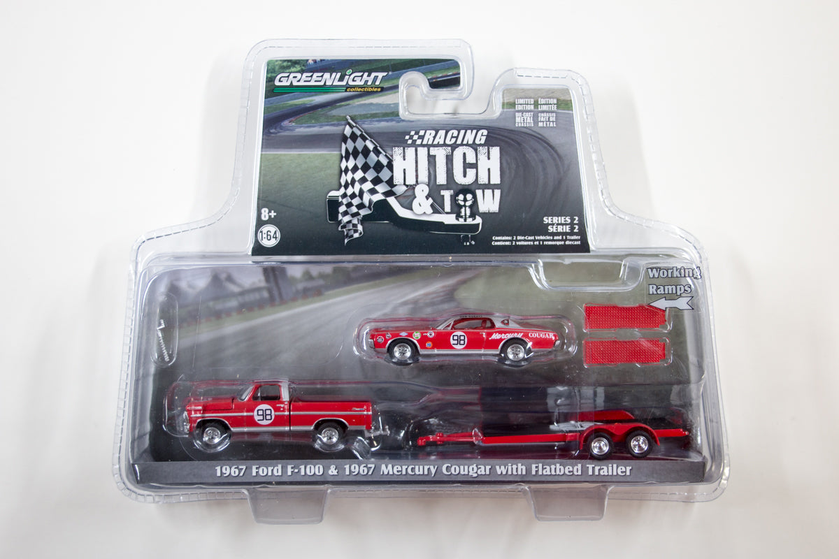 1967 Ford F-100 and 1967 Mercury Cougar Dan Gurney #98 on Flatbed Trailer