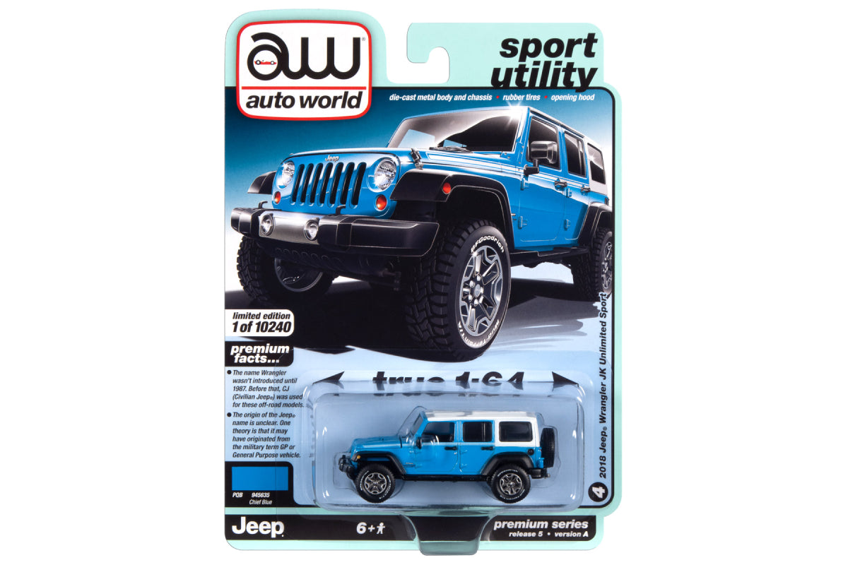 2018 Jeep Wrangler JK Unlimited Sport (Chief Blue w/White Roof & White Side Stripes)