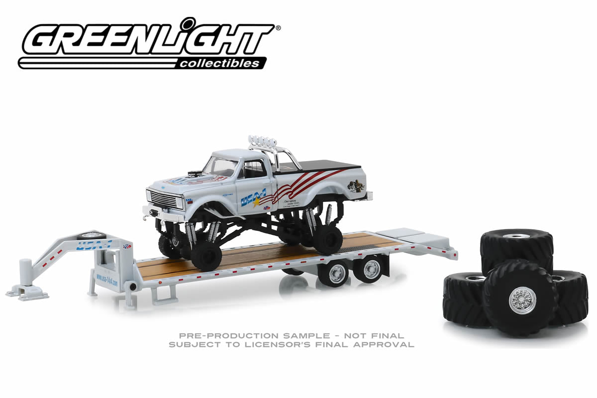 USA-1 - 1970 Chevrolet K-10 Monster Truck on Gooseneck Trailer with Regular and Replacement 66" Tires