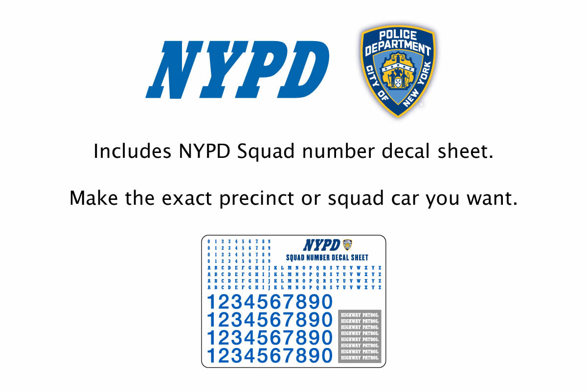 2011 Ford Crown Victoria Police New York City Police Dept (NYPD) Auxiliary with NYPD Squad Number Decal Sheet