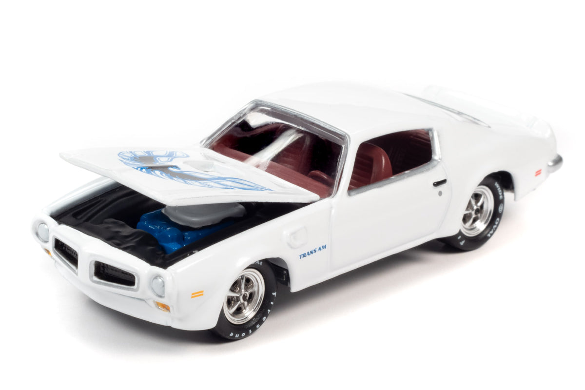 1973 Pontiac Trans Am (Cameo White with Blue & Black Bird Graphics on Hood)