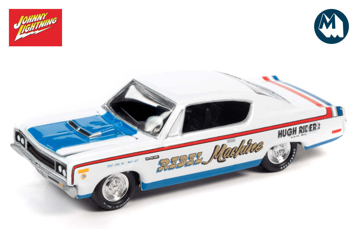 1970 AMC Rebel Machine (loss White w/Blue Lower/Red, White and Blue Stripes on Rear/Blue Stripes on Hood - REBEL MACHINE Graphics on Side)