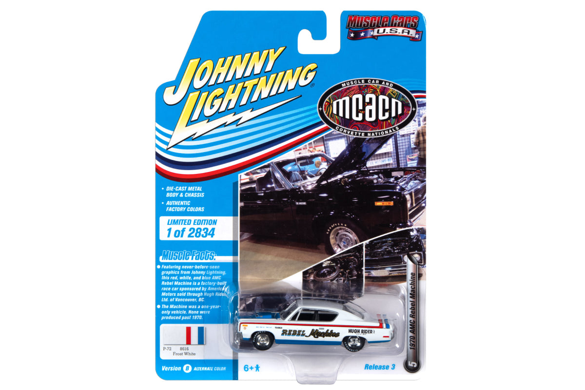 1970 AMC Rebel Machine (loss White w/Blue Lower/Red, White and Blue Stripes on Rear/Blue Stripes on Hood - REBEL MACHINE Graphics on Side)