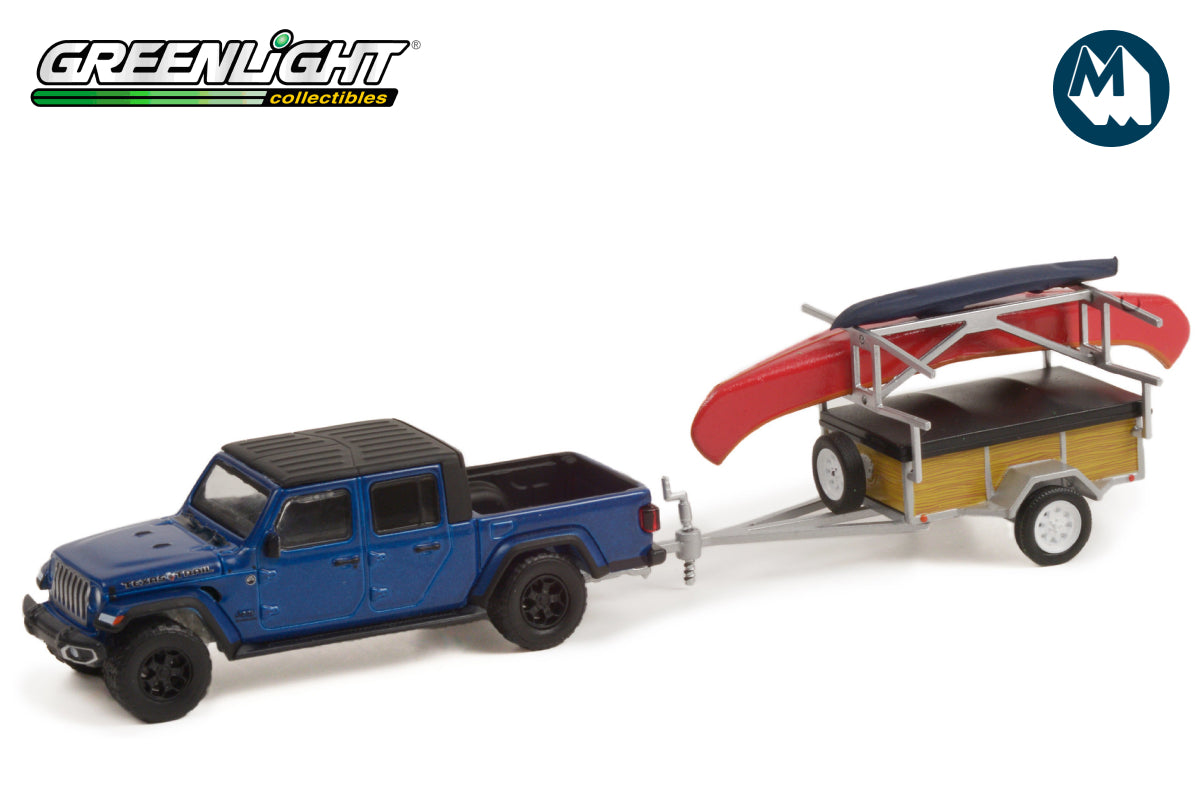 2021 Jeep Gladiator Texas Trail Limited Edition in Hydro Blue Pearl Coat with Canoe Trailer with Canoe Rack, Canoe and Kayak