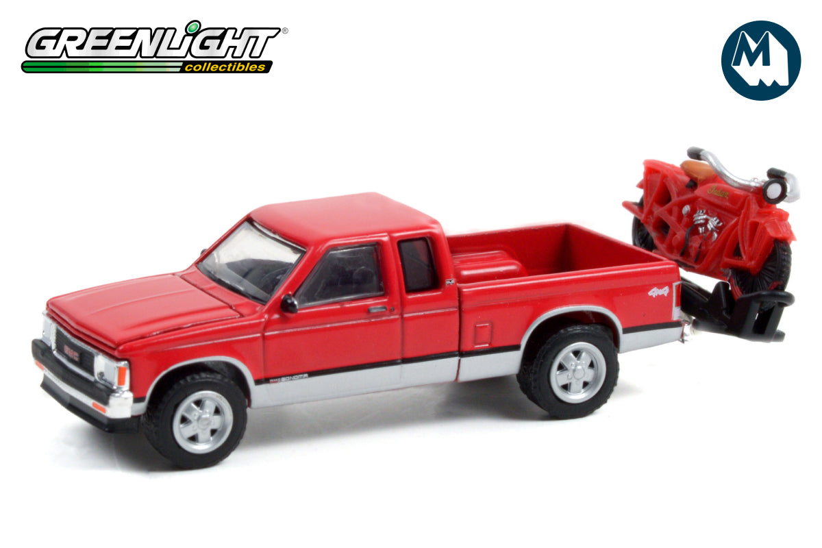 1991 GMC Sonoma Extended Cab with 1920 Indian Scout on Hitch Carrier - Indian Motorcycle 100 Years of Indian Scouts