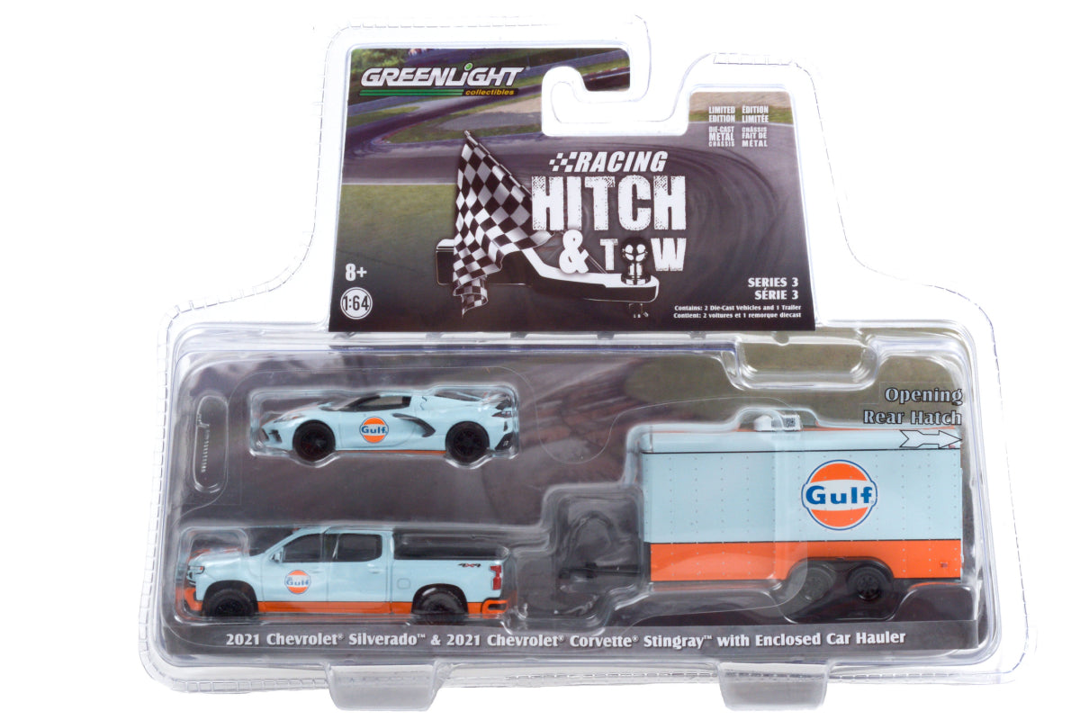 2021 Chevrolet Silverado and 2021 Chevrolet Corvette C8 Stingray Gulf Oil with Enclosed Gulf Oil Car Hauler