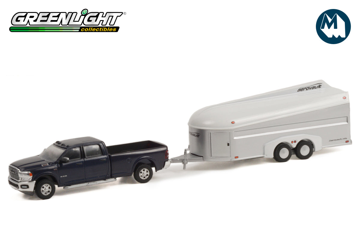 2021 Ram 3500 Laramie Crew Cab in Maximum Steel Metallic Clear with Aerovault MKII Trailer in White and Bare Aluminum