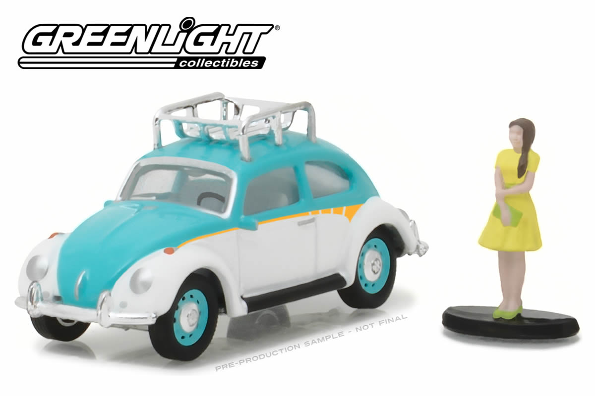 Classic Volkswagen Beetle with Roof Rack and Woman in Dress