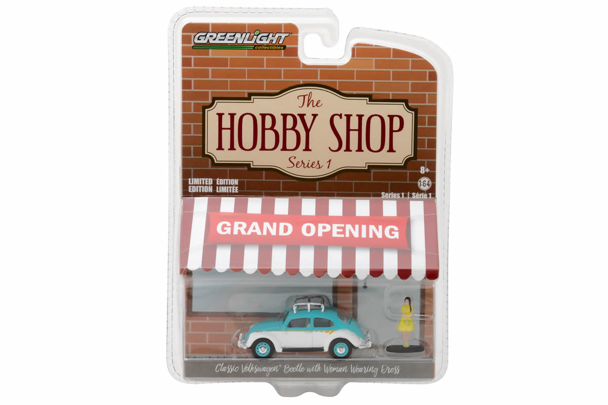 Classic Volkswagen Beetle with Roof Rack and Woman in Dress