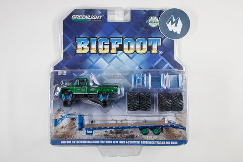 [Green Machine] Bigfoot #1 The Original Monster Truck (1979) - 1974 Ford F-250 Monster Truck on Gooseneck Trailer with Regular and Replacement 66" Tyres