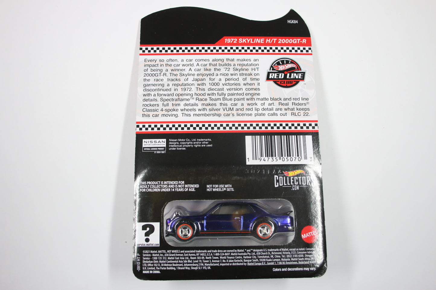 Hot Wheels Red Line Club Membership Car (2022) - 1972 Skyline H/T 2000GT-R (Spectraflame Race Team Blue) [Pre-owned]