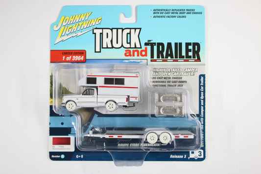 [White Lightning] 1993 Ford F-150 w/ Truck Camper with Open Car Trailer