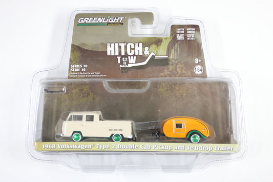 [Green Machine] Greenlight Hitch & Tow - 1968 Volkswagen T2 Type 2 Double Cab Pick-Up with Tear Drop Trailer