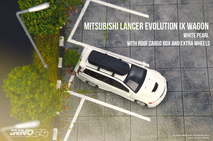 Mitsubishi Lancer Evolution IX Wagon with Roof Cargo Box and Extra Wheels (White Pearl)