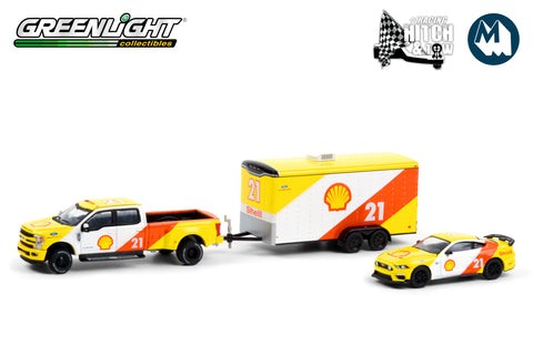 2019 Ford F-350 Lariat and 2021 Ford Mustang Mach 1 Shell Oil #21 with Enclosed Shell Oil Car Hauler