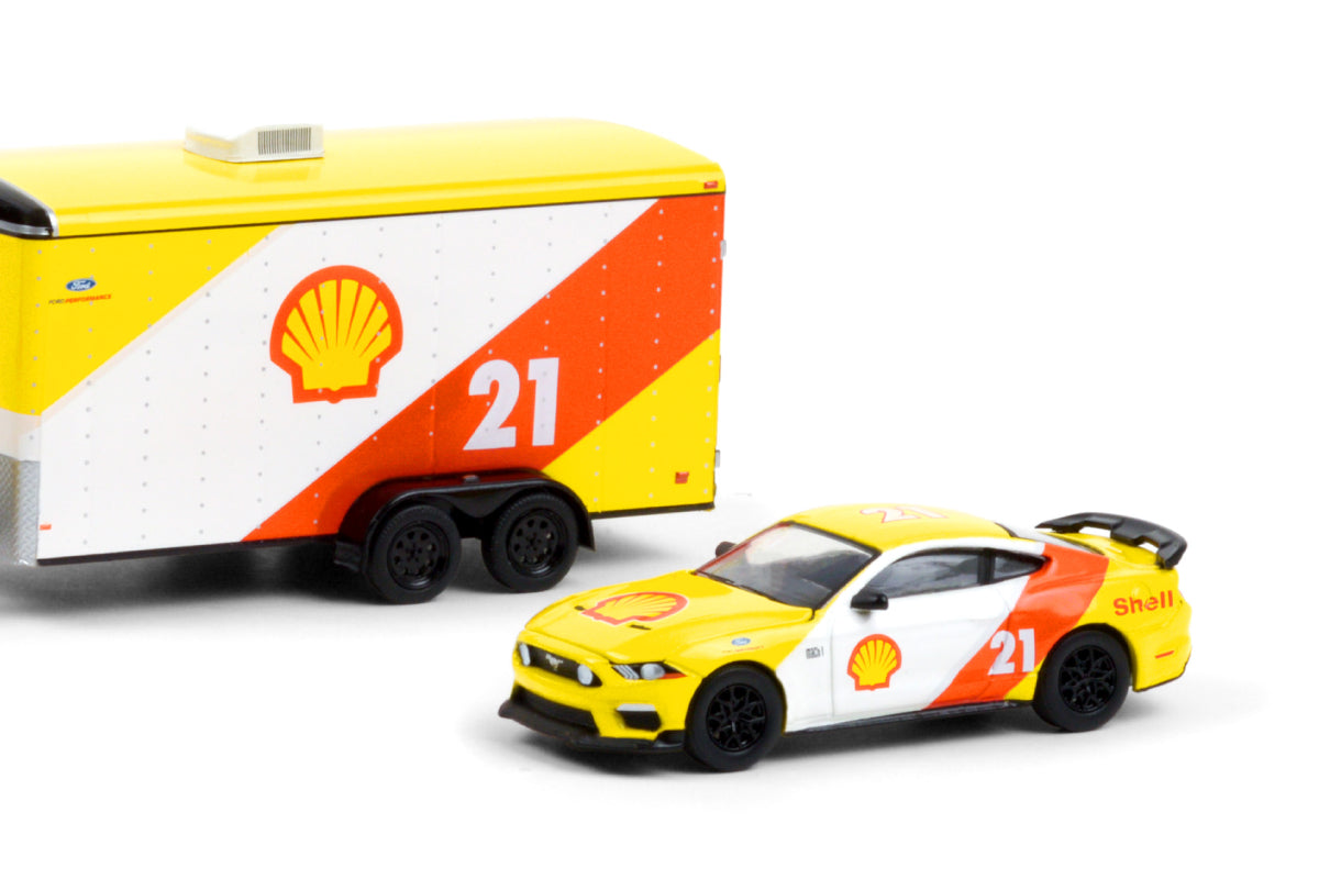 2019 Ford F-350 Lariat and 2021 Ford Mustang Mach 1 Shell Oil #21 with Enclosed Shell Oil Car Hauler