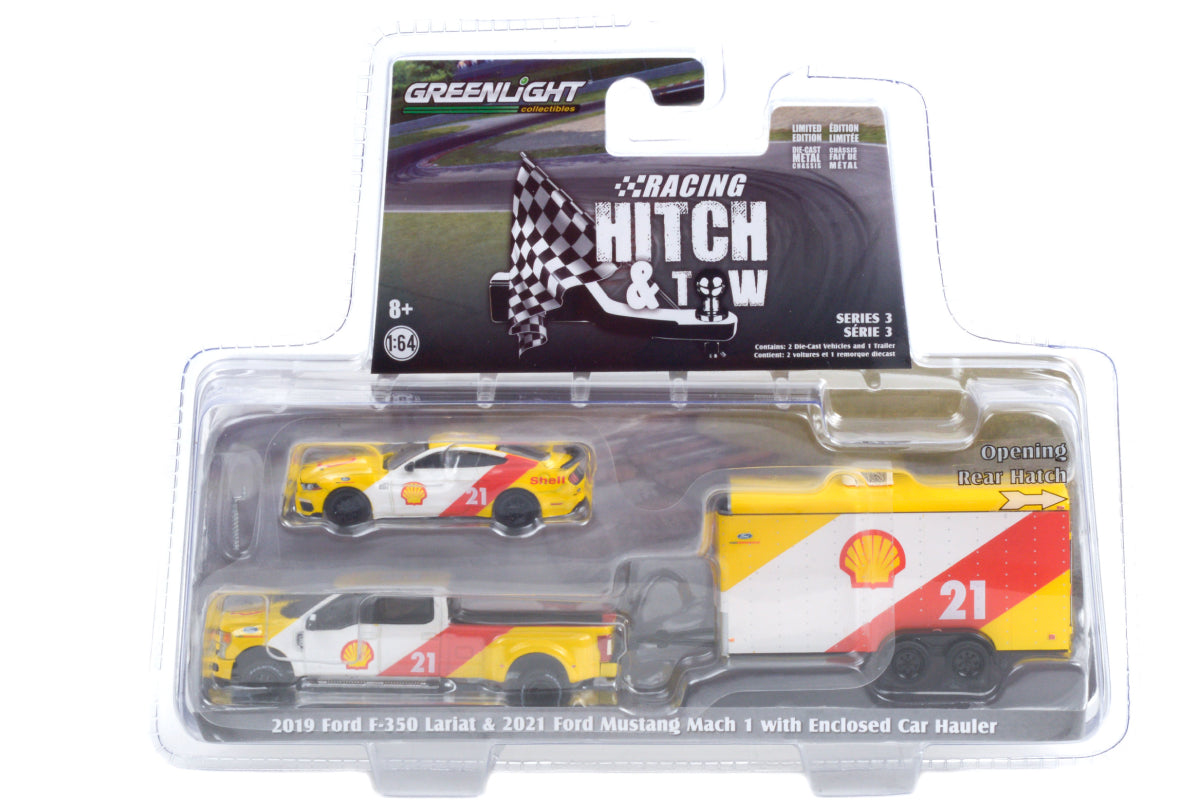 2019 Ford F-350 Lariat and 2021 Ford Mustang Mach 1 Shell Oil #21 with Enclosed Shell Oil Car Hauler