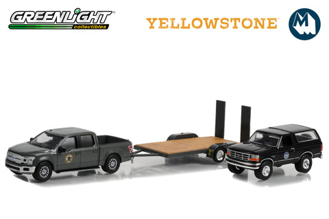 Yellowstone / 2018 Ford F-150 Montana Livestock Association with 1992 Ford Bronco Montana Livestock Association on Flatbed Trailer